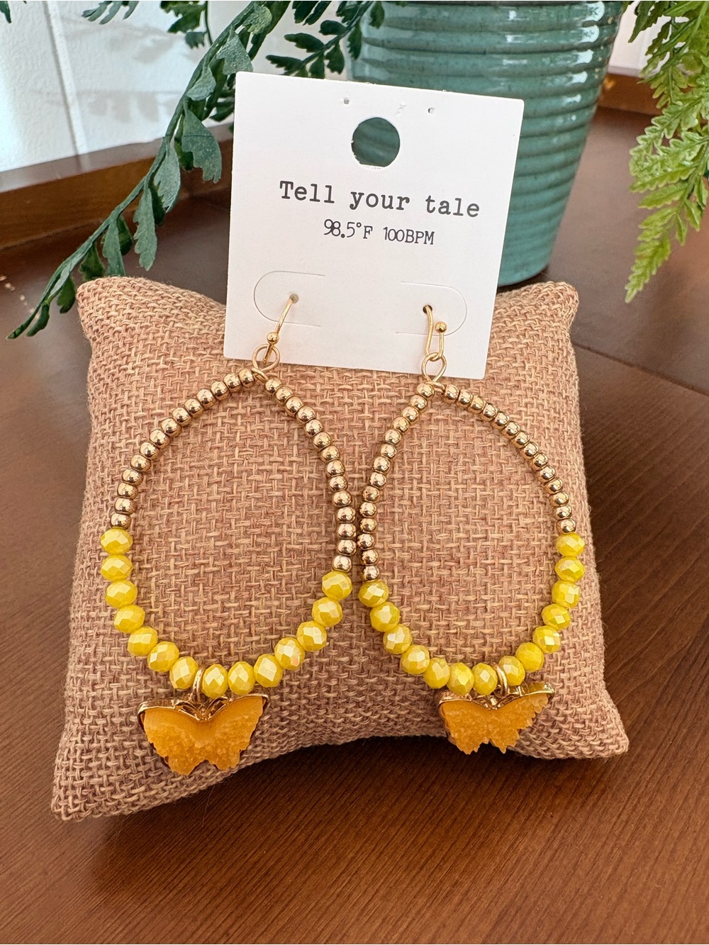 Tell Your Tale Yellow Butterfly Bead Hoop Earrings with Gold Accents
